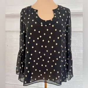 Lilly Pulitzer Amory Starry Silk Chiffon Blouse Black Gold Metallic Bell Sleeve